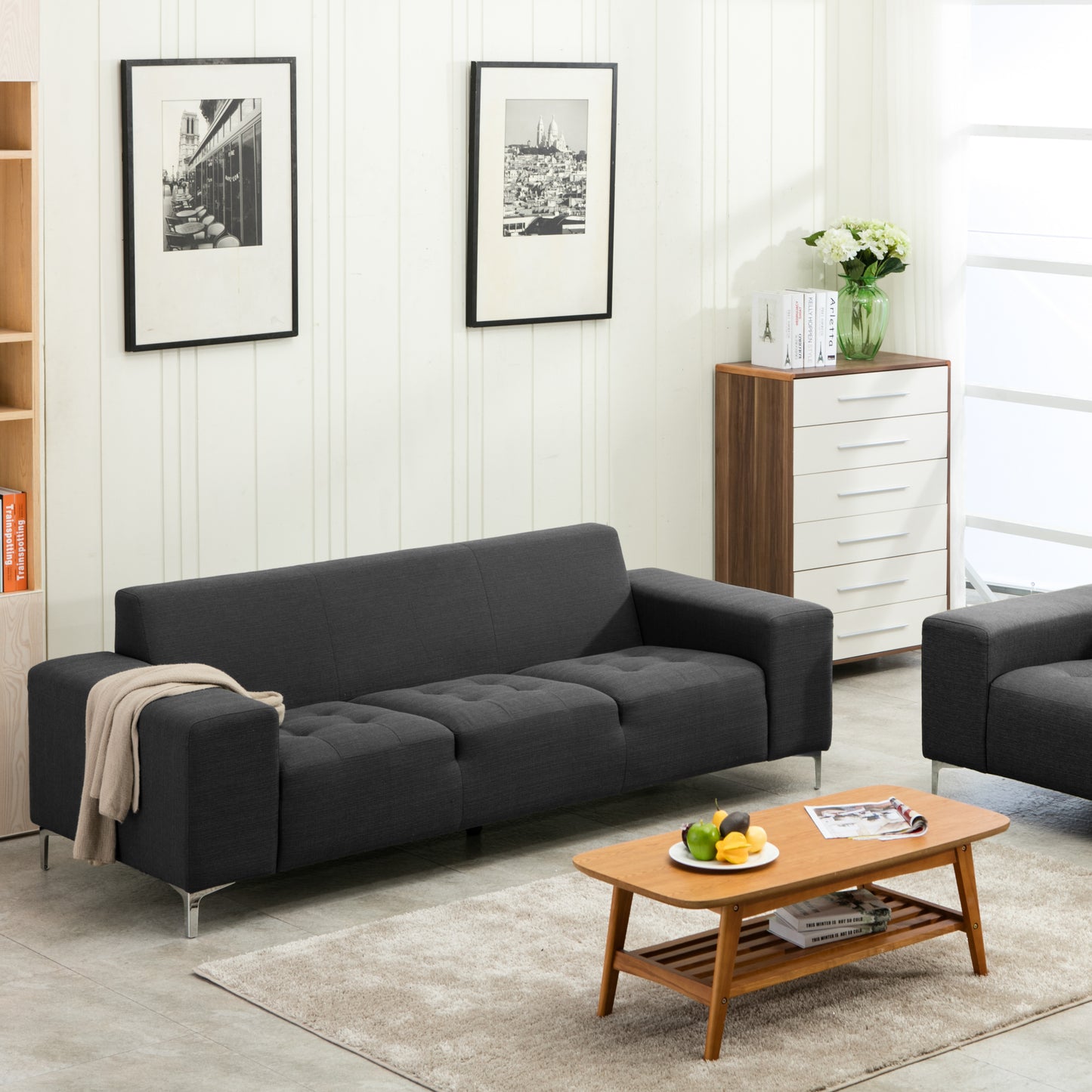Alicia Modern Charcoal Grey Fabric Sofa with Square Arms