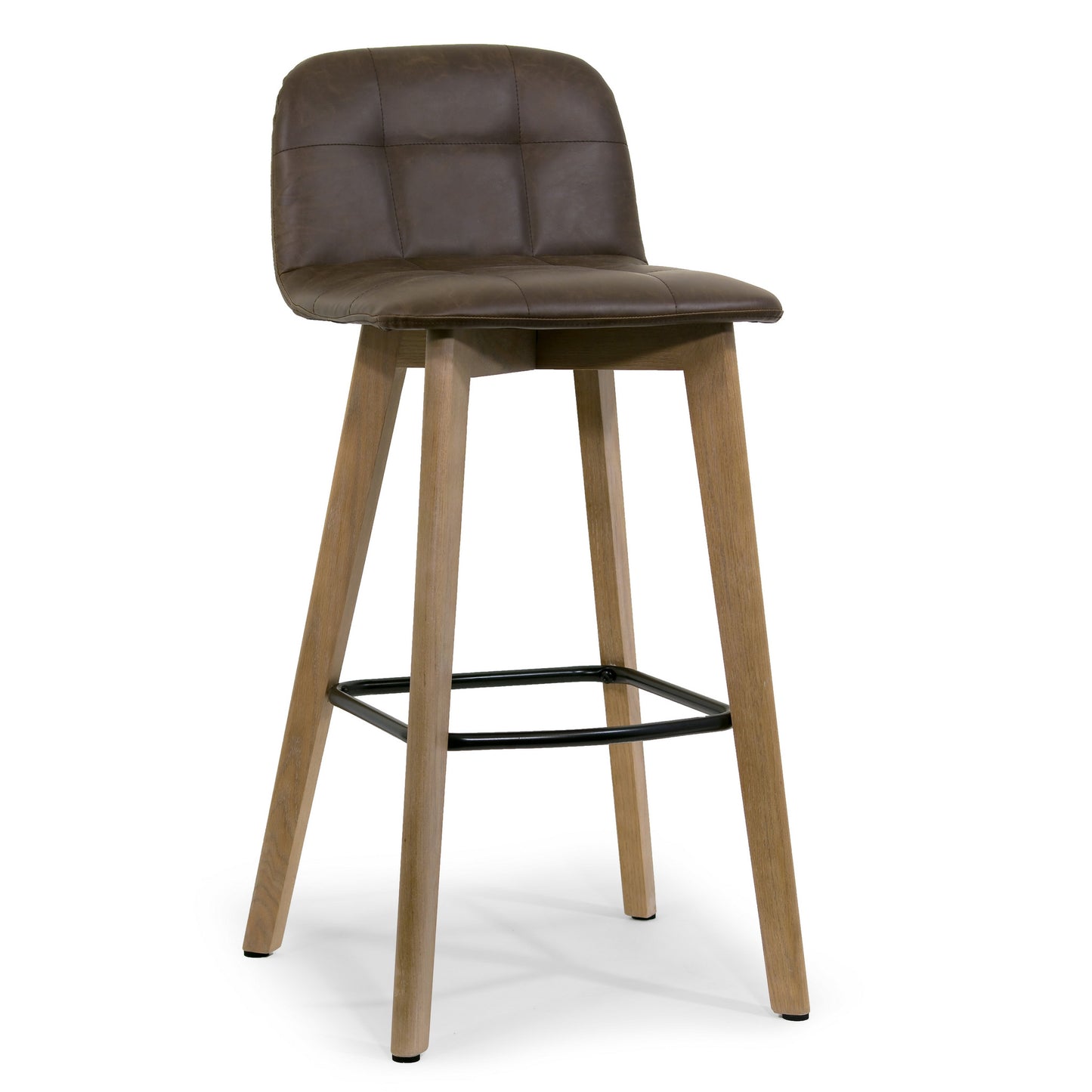 Set of 2 Aggie Dark Brown Faux Leather Retro Modern Bar Stool with Oak Legs