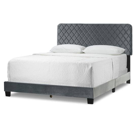 Aurum Silver Grey Velvety Fabric Queen Bed with Decorative Stitching