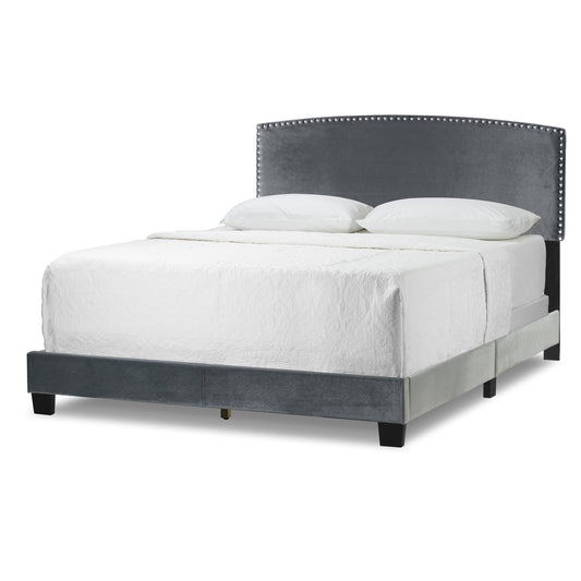Ausca Silver Grey Velvety Fabric Queen Bed with Nail Head Trim