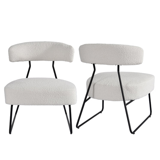 Set of 2 Bell White Boucle Fabric Accent Chairs with Black Iron Legs