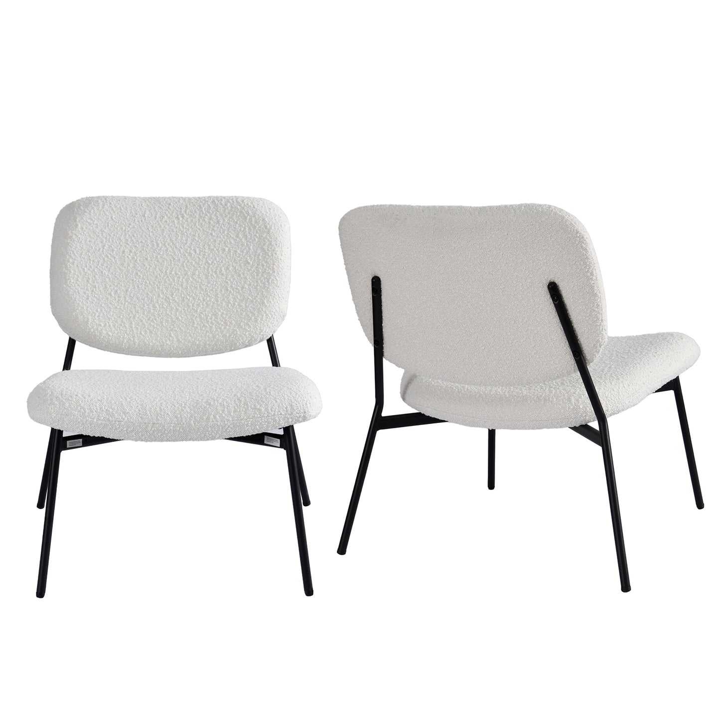 Set of 2 Bellamy White Boucle Fabric Accent Chairs with Black Iron Legs