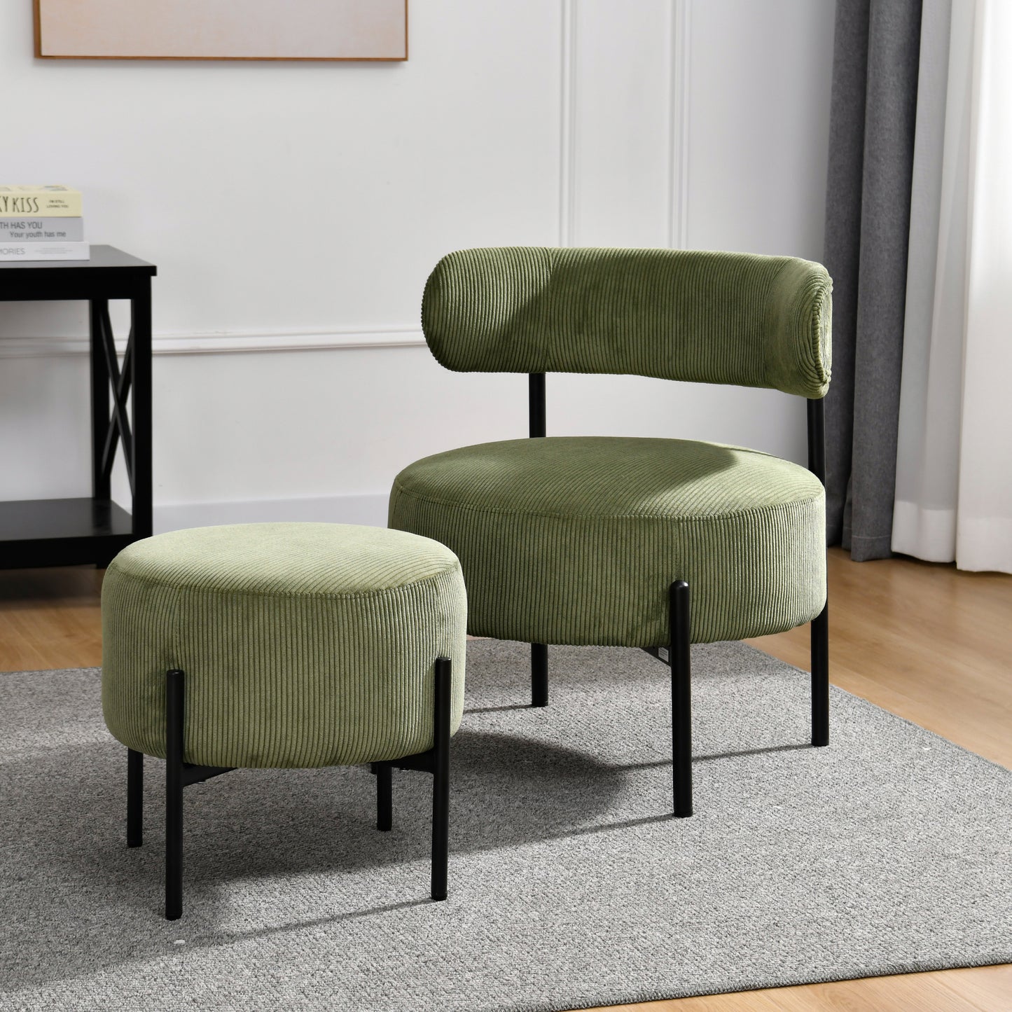 Bellatrix Green Corduroy Fabric Accent Chair with Black Iron Legs