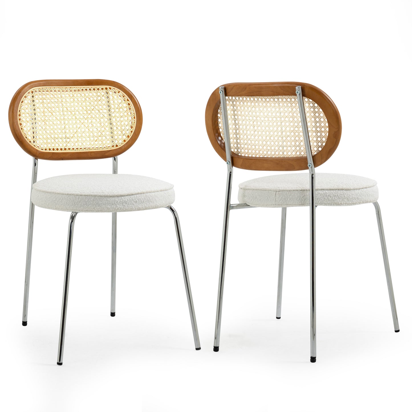 Set of 2 Azem White Boucle Fabric Dining Chair with Rattan Backrest and Chrome Legs