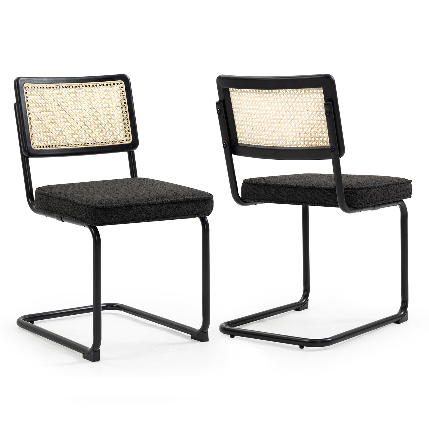 Set of 2 Aziel Black Boucle Fabric Dining Chair with Rattan Backrest and Black Iron Legs