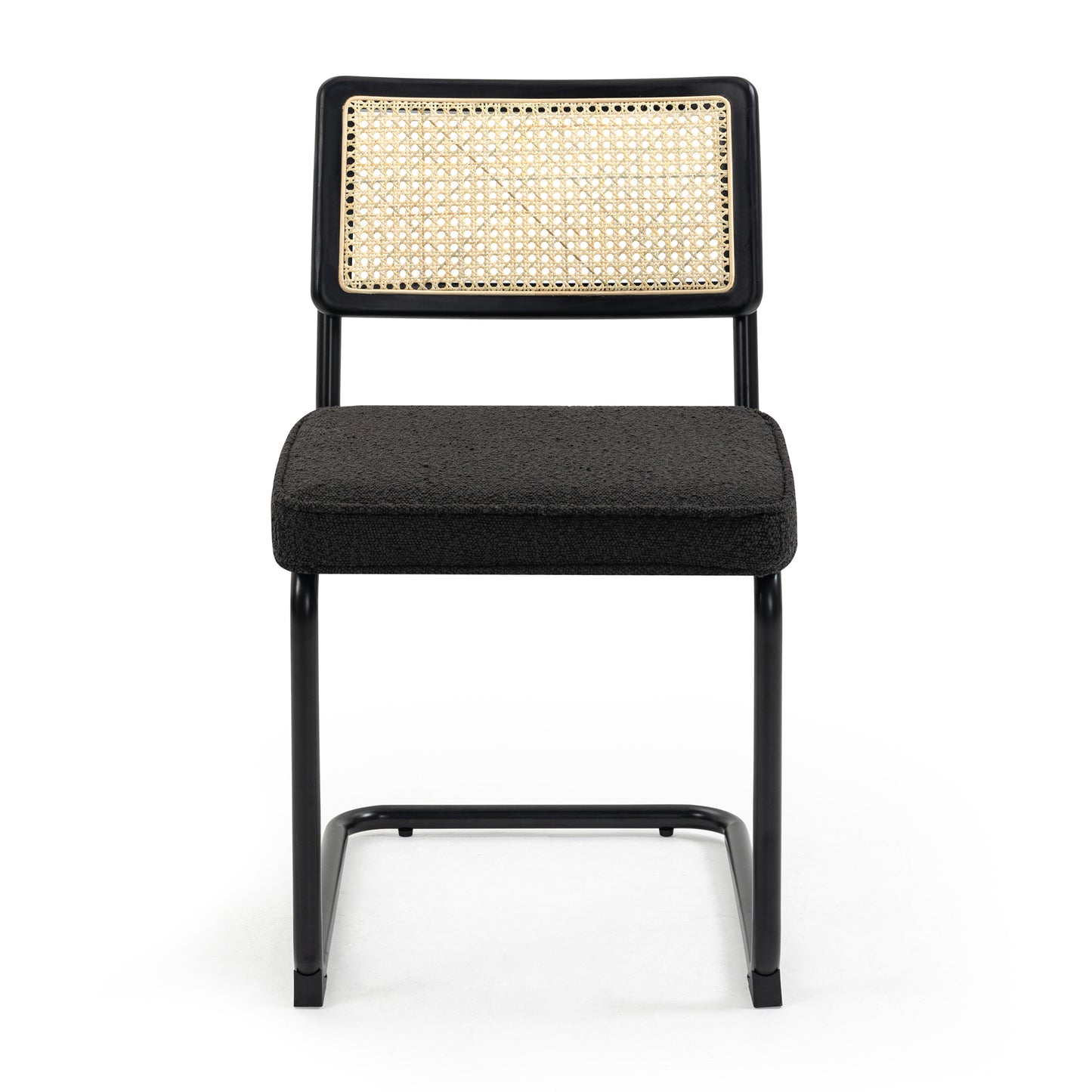 Set of 2 Aziel Black Boucle Fabric Dining Chair with Rattan Backrest and Black Iron Legs