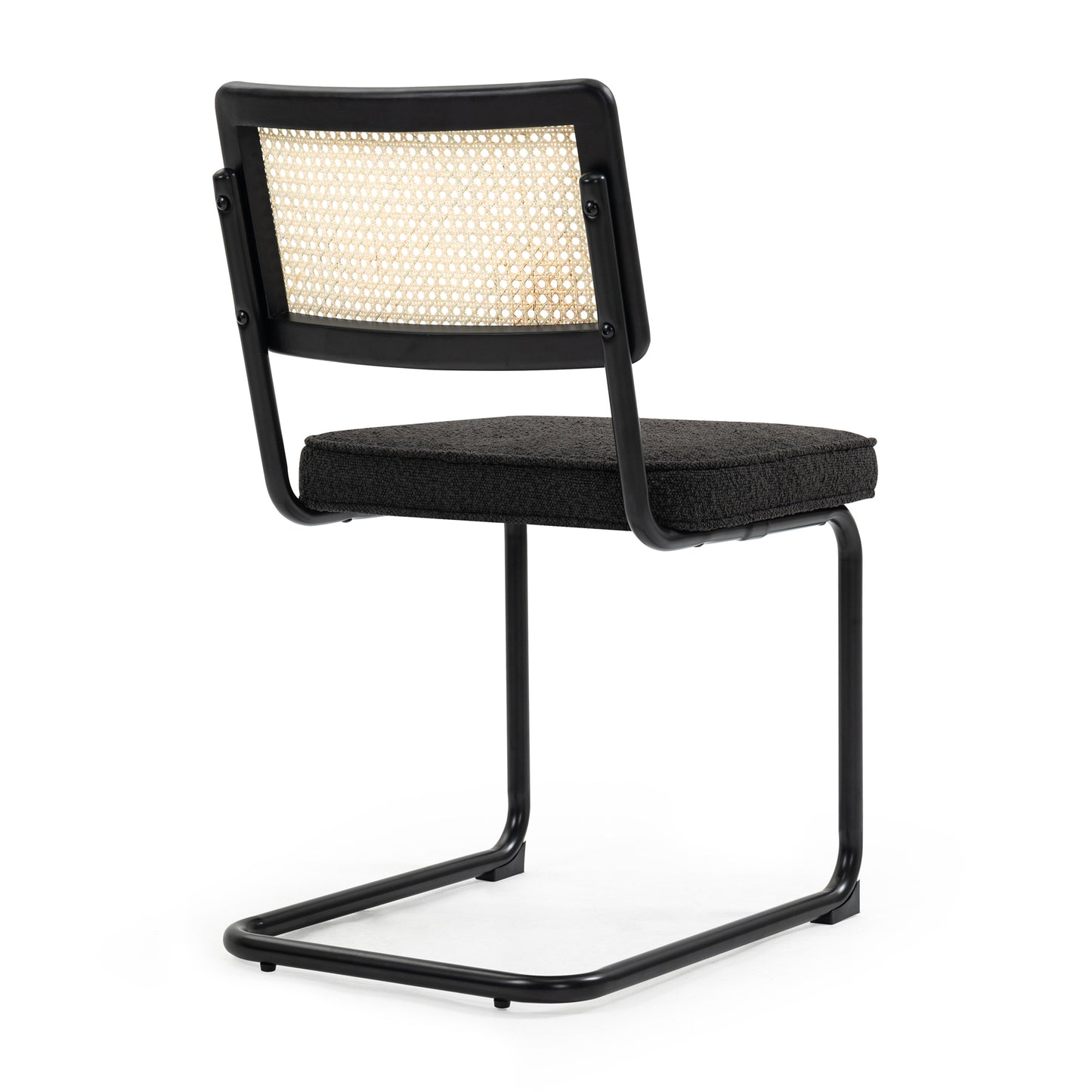 Set of 2 Aziel Black Boucle Fabric Dining Chair with Rattan Backrest and Black Iron Legs