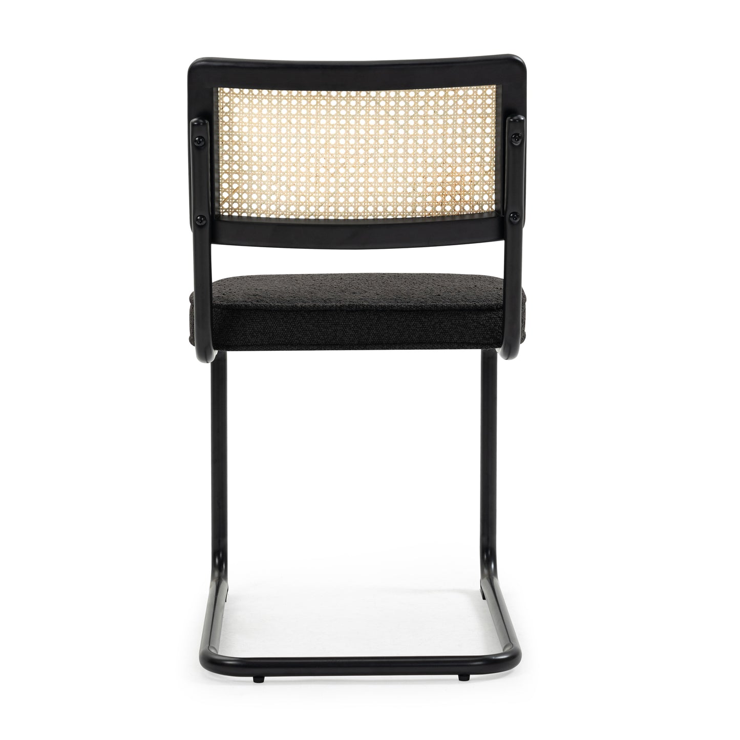 Set of 2 Aziel Black Boucle Fabric Dining Chair with Rattan Backrest and Black Iron Legs