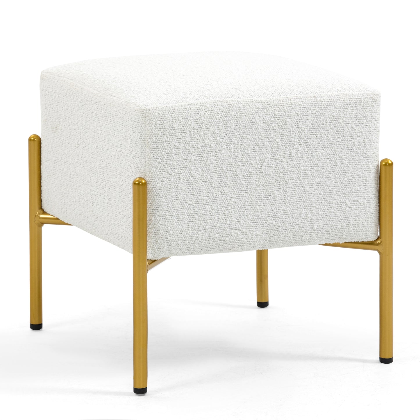 Aysha White Boucle Fabric Cube Ottoman with Gold Accent Legs