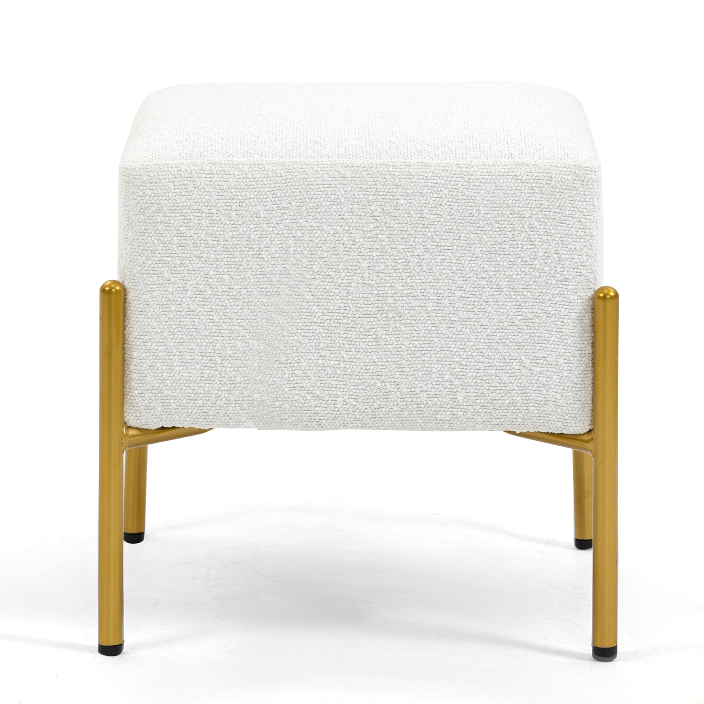 Aysha White Boucle Fabric Cube Ottoman with Gold Accent Legs