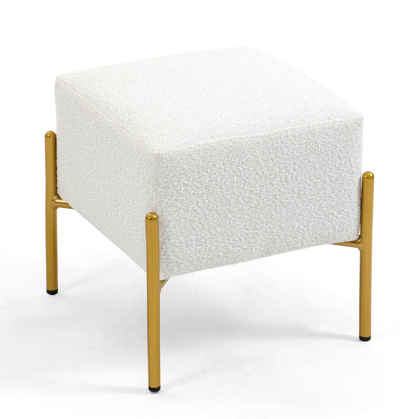 Aysha White Boucle Fabric Cube Ottoman with Gold Accent Legs