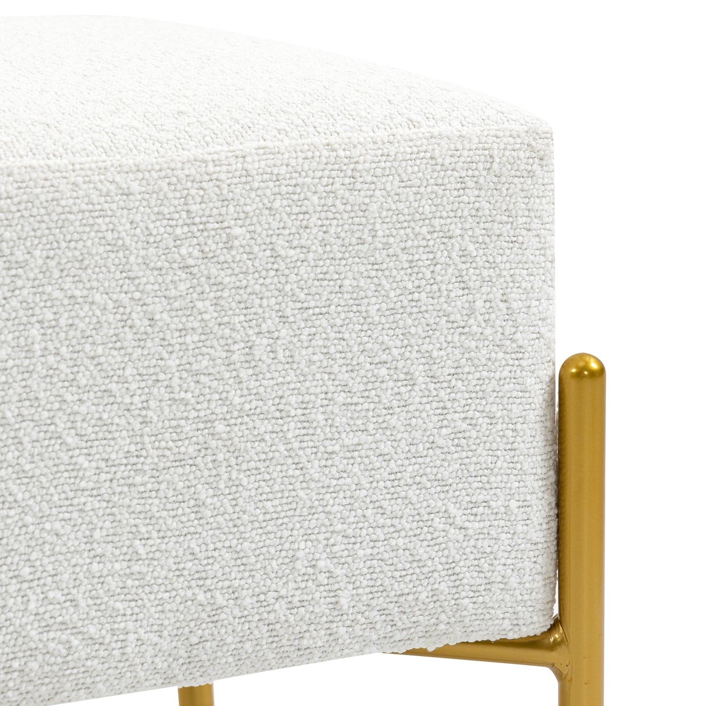 Aysha White Boucle Fabric Cube Ottoman with Gold Accent Legs