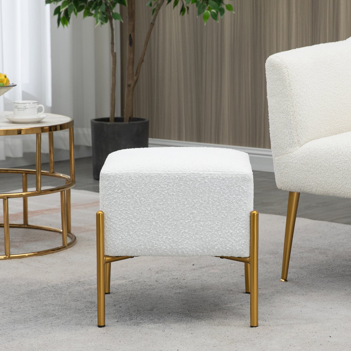 Aysha White Boucle Fabric Cube Ottoman with Gold Accent Legs