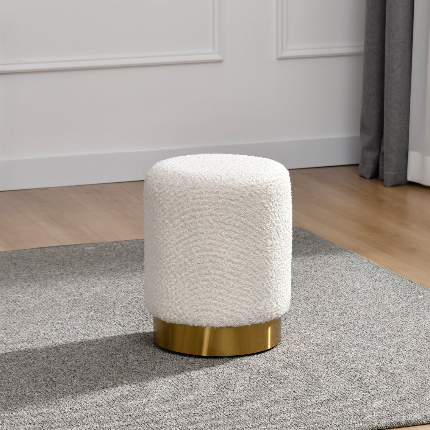 Bellini White Boucle Fabric Round Footstool Ottoman with Golden Accent Base Small Size