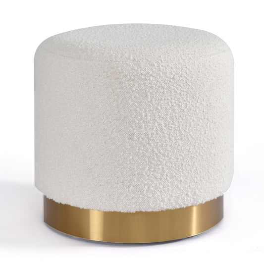 Bellini White Boucle Fabric Round Footstool Ottoman with Golden Accent Base Medium Size