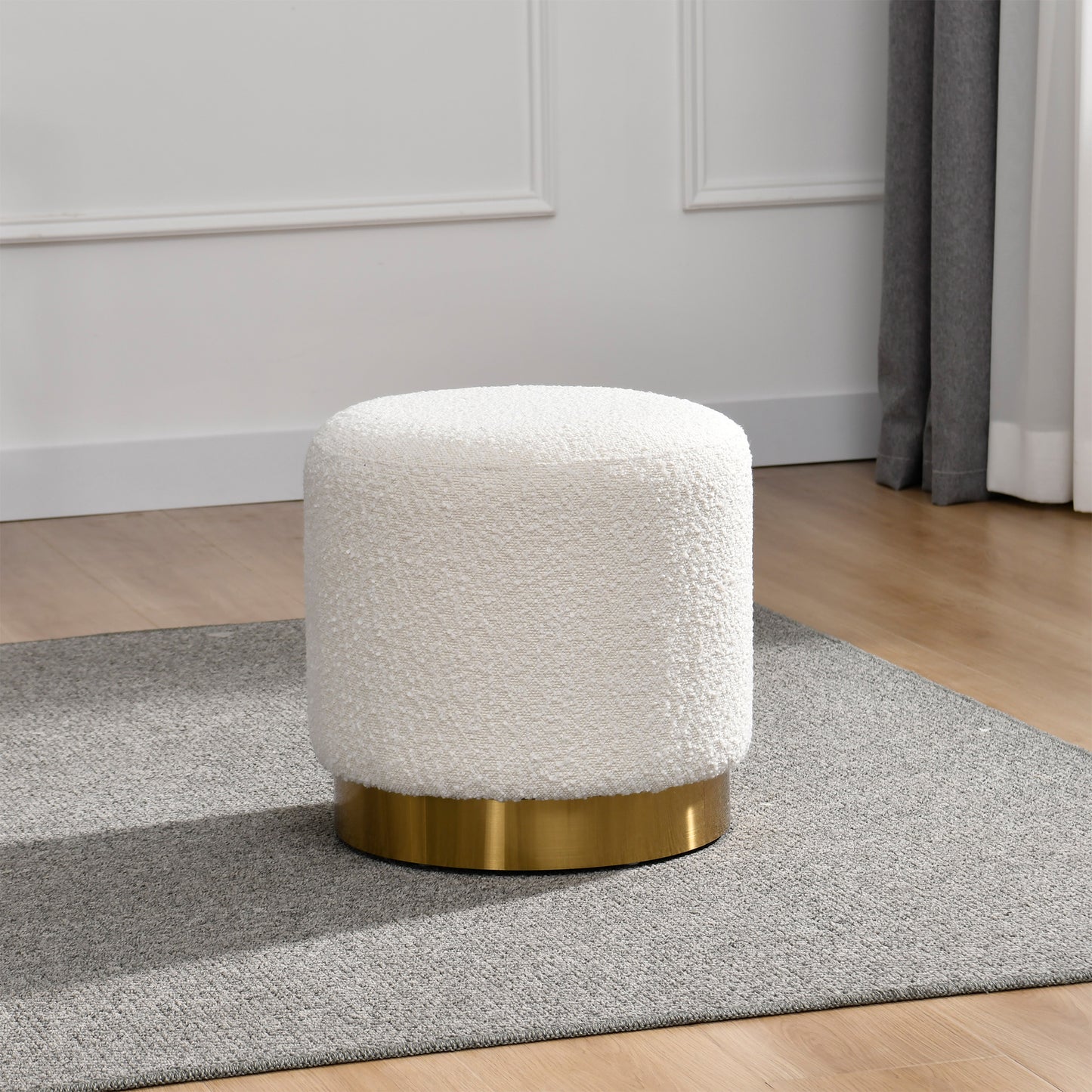 Bellini White Boucle Fabric Round Footstool Ottoman with Golden Accent Base Medium Size