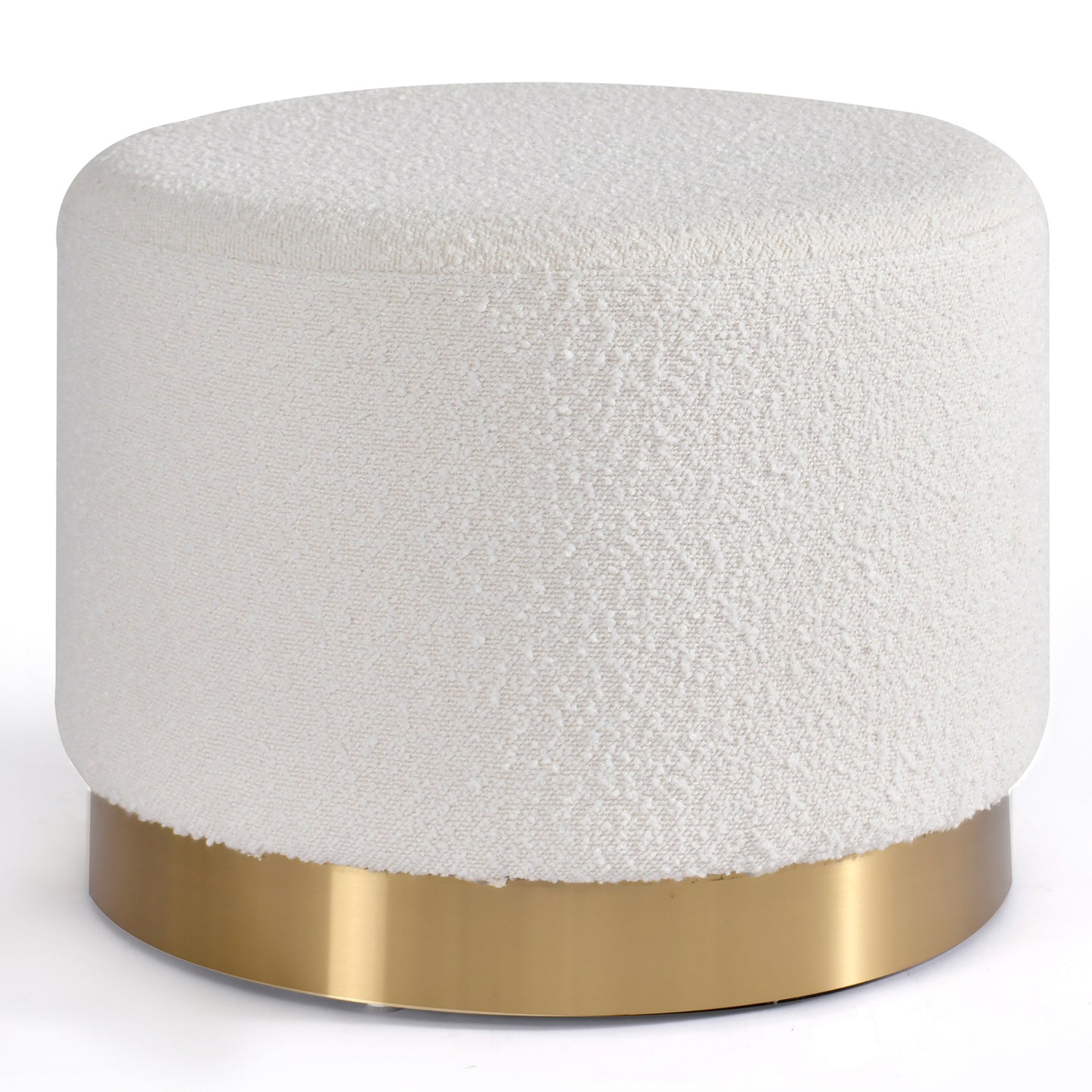 Bellini White Boucle Fabric Round Footstool Ottoman with Golden Accent Base Large Size