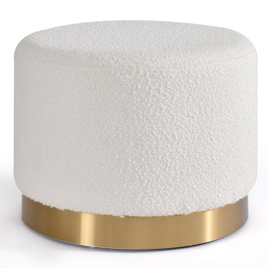 Bellini White Boucle Fabric Round Footstool Ottoman with Golden Accent Base Large Size