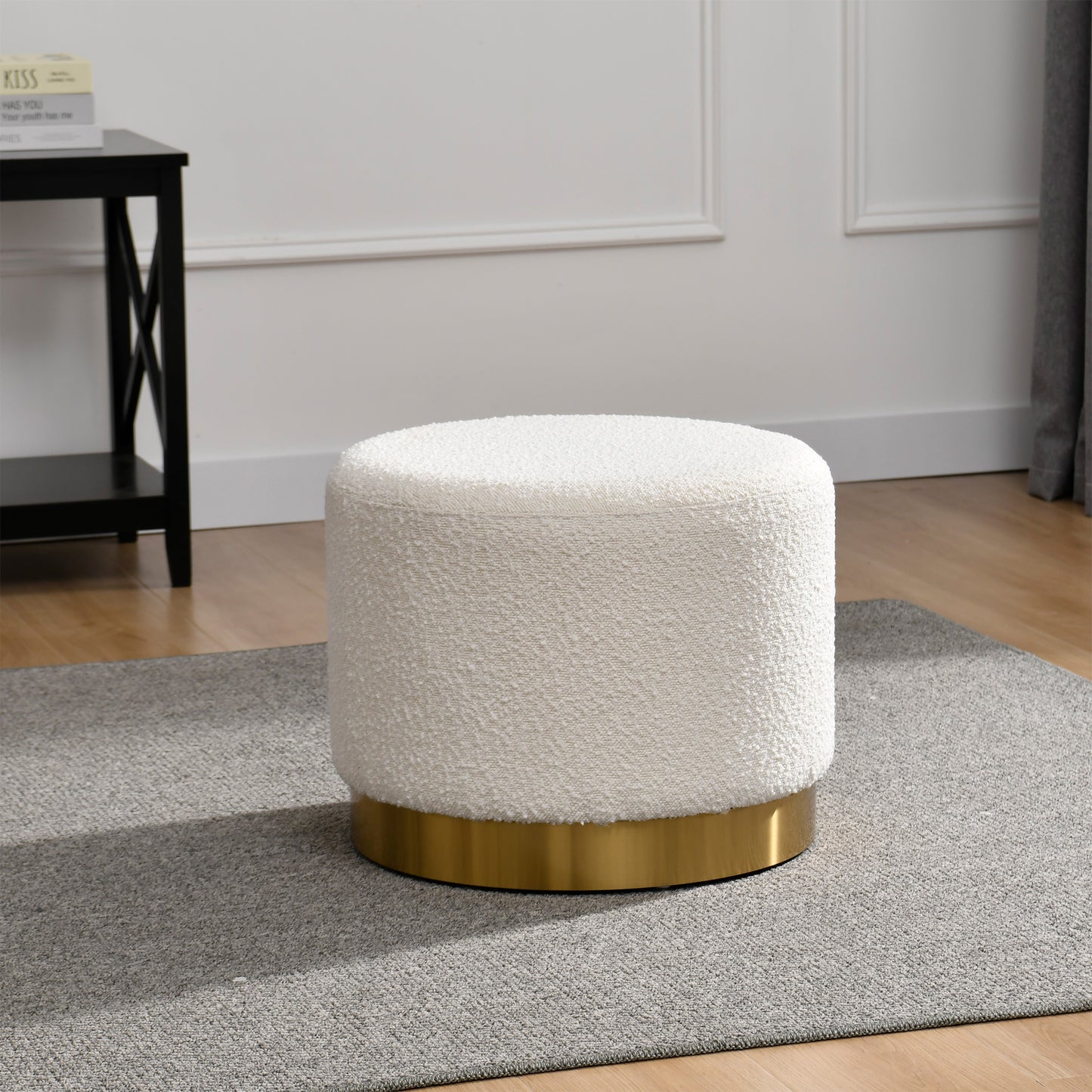 Bellini White Boucle Fabric Round Footstool Ottoman with Golden Accent Base Large Size