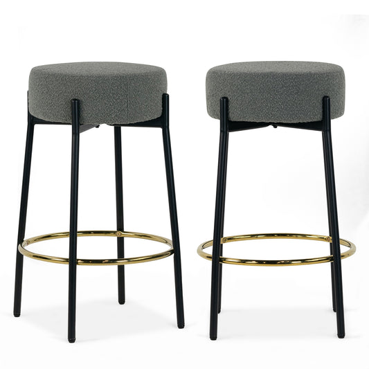 Set of 2 Avner Gray Boucle Backless Counter Stool with Black Metal Legs