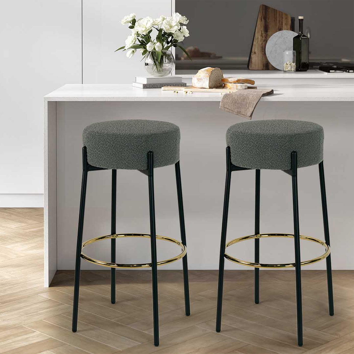 Set of 2 Avon Gray Boucle Backless Bar Stool with Black Metal Legs