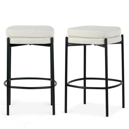 Set of 2 Avril White Boucle Backless Counter Stool with Black Metal Legs