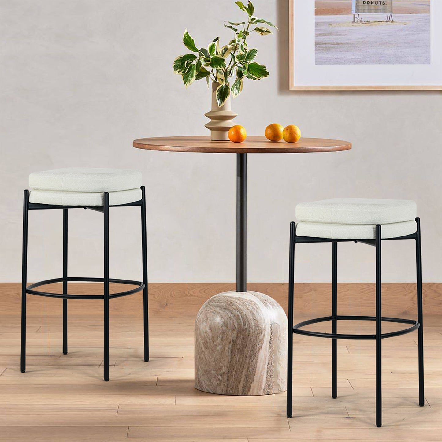 Set of 2 Avril White Boucle Backless Counter Stool with Black Metal Legs