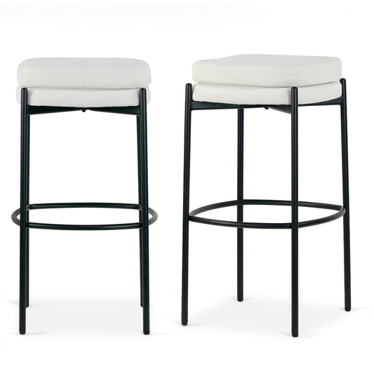 Set of 2 Avril White Boucle Backless Bar Stool with Black Metal Legs