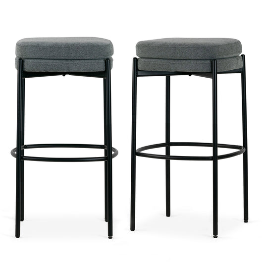 Set of 2 Avril Gray Boucle Backless Bar Stool with Black Metal Legs