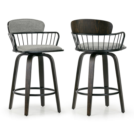 Set of 2 Baker Gray Fabric Counter Stool with Black Iron Back and Wood Legs