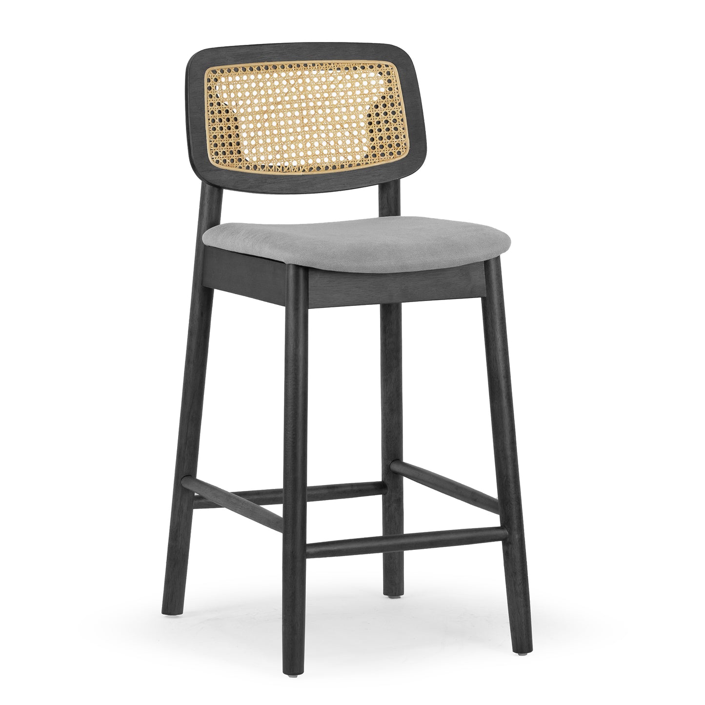 Set of 2 Azuka Gray Fabric Counter Stool with Rattan Back and Black Wood Legs