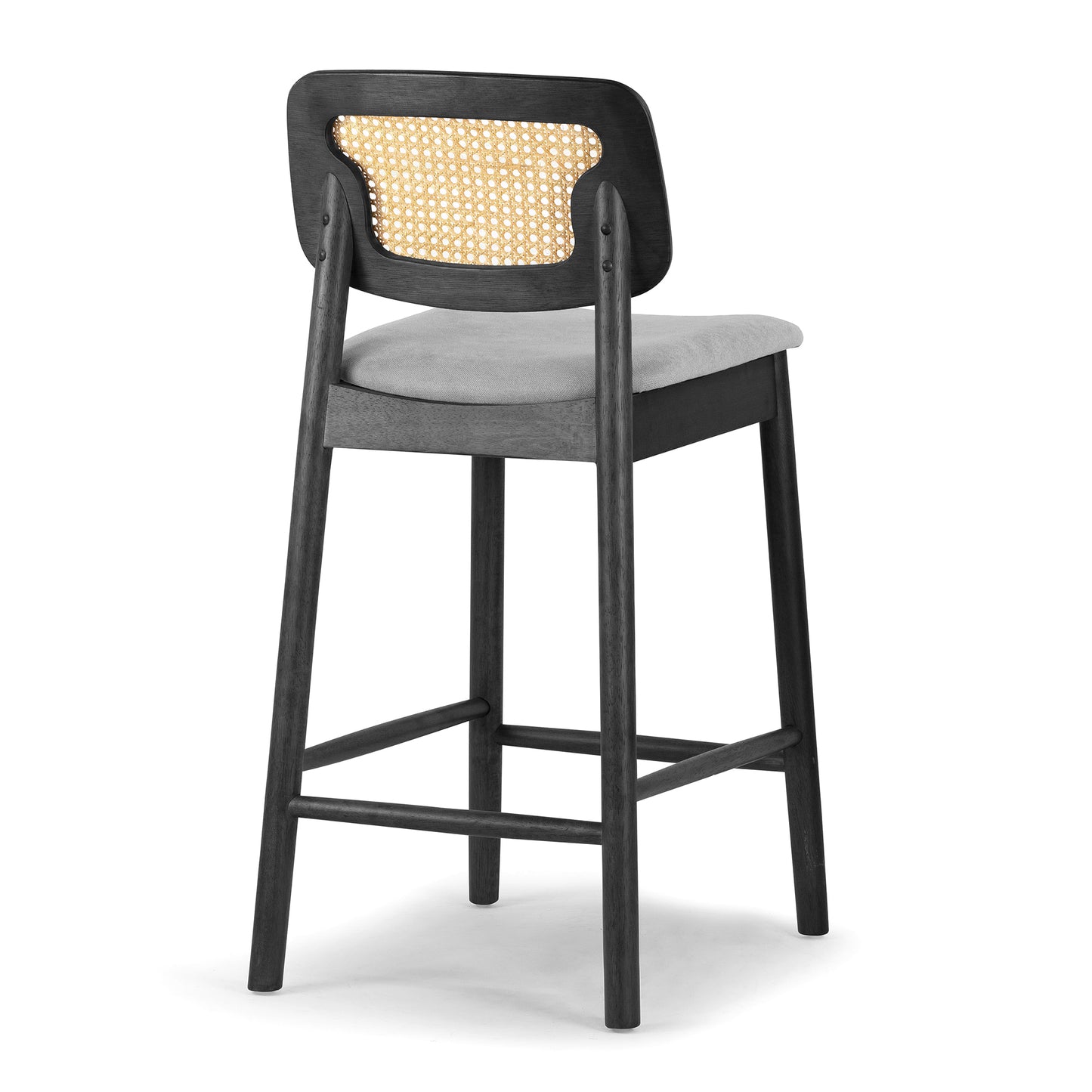 Set of 2 Azuka Gray Fabric Counter Stool with Rattan Back and Black Wood Legs