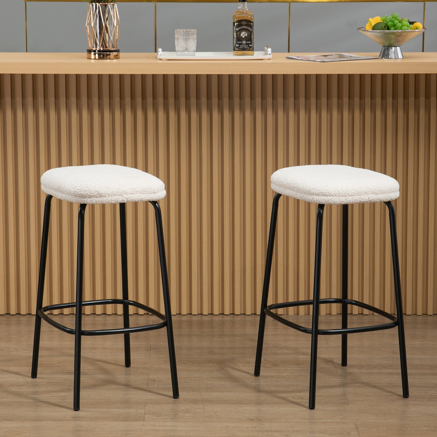 Set of 2 Ayana Beige Boucle Backless Counter Stool with Black Iron Legs