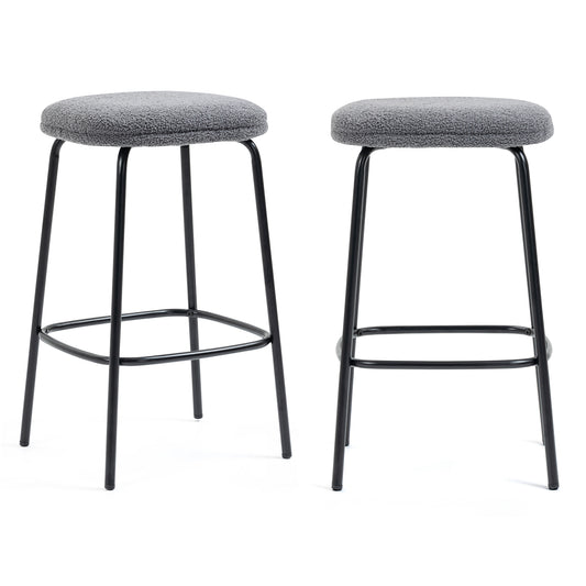 Set of 2 Ayana Gray Boucle Backless Counter Stool with Black Iron Legs