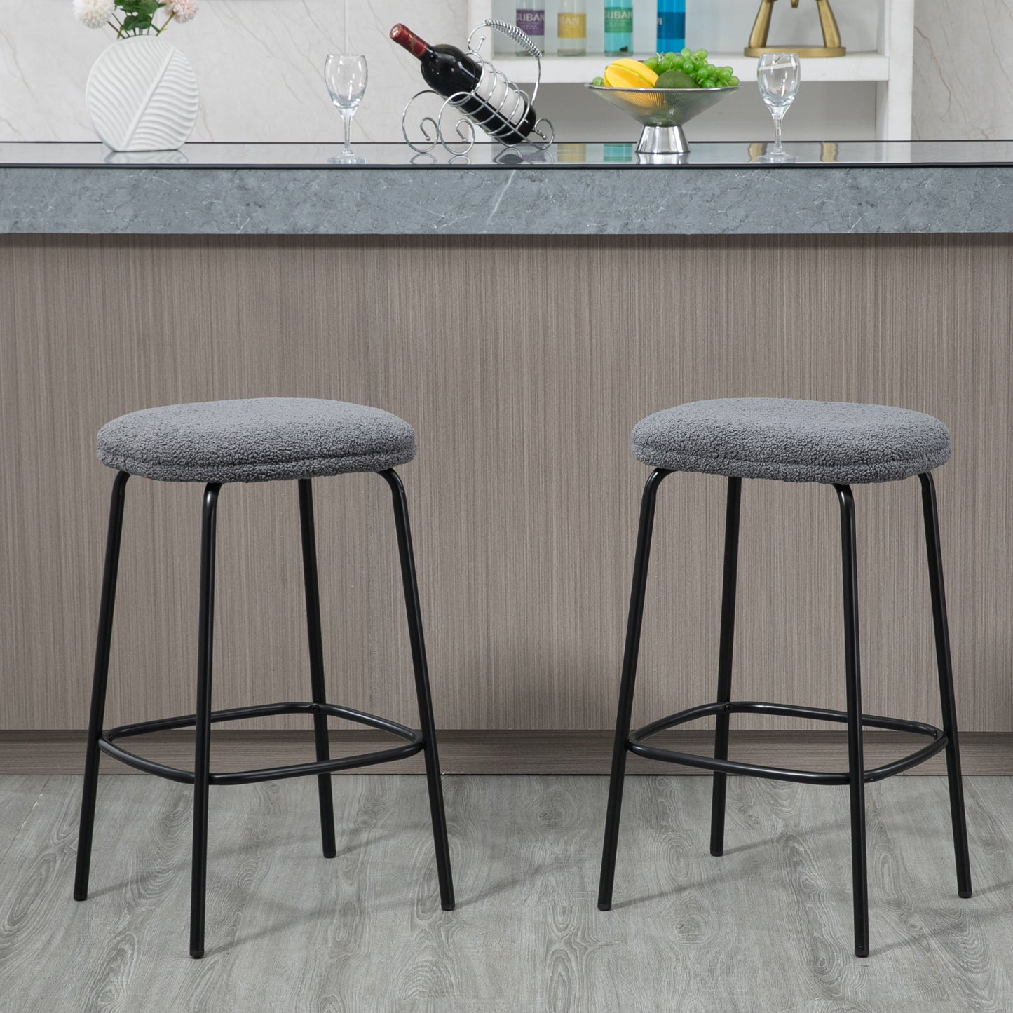 Set of 2 Ayana Gray Boucle Backless Counter Stool with Black Iron Legs