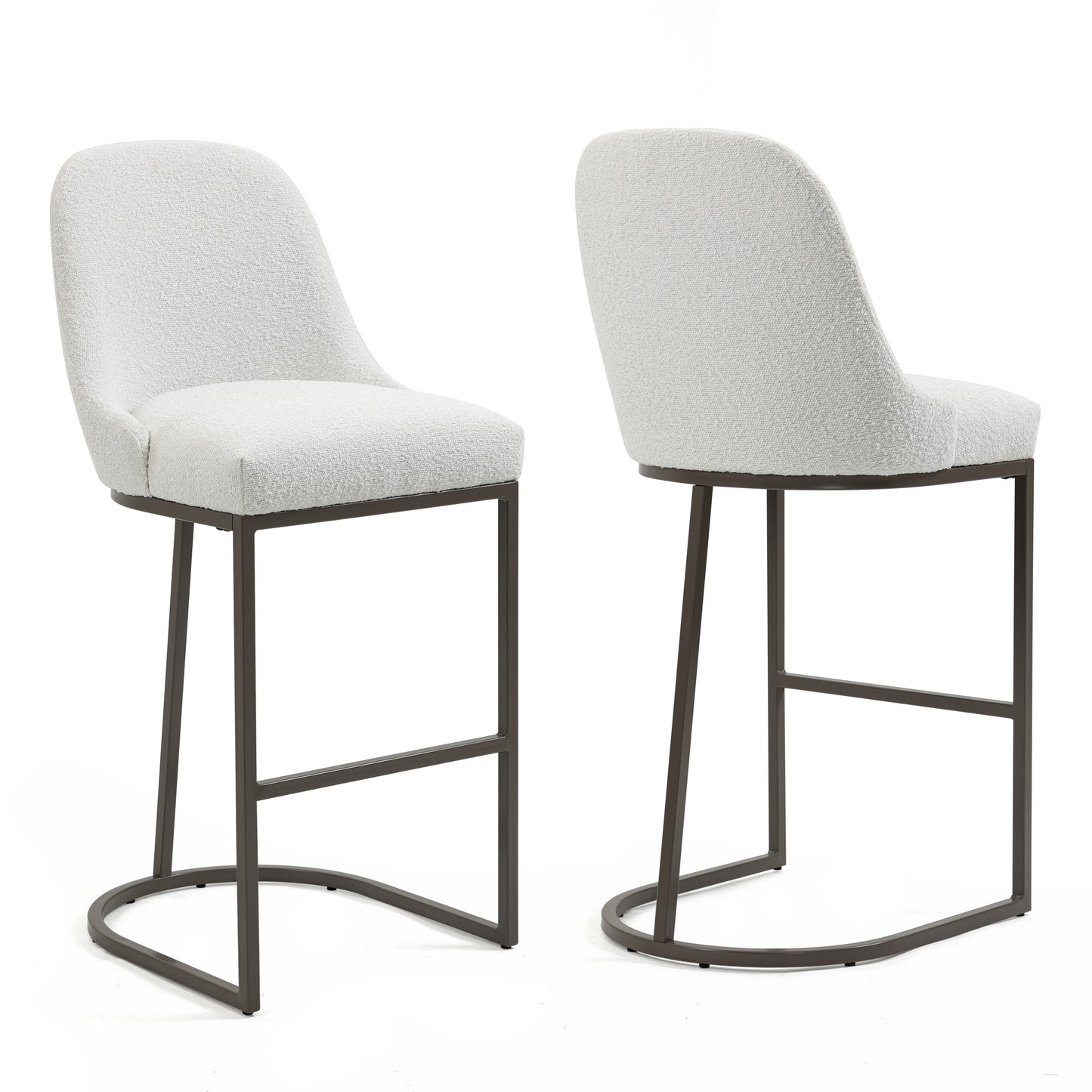 Set of 2 Ayane White Boucle Fabric Bar Stool with Iron Legs