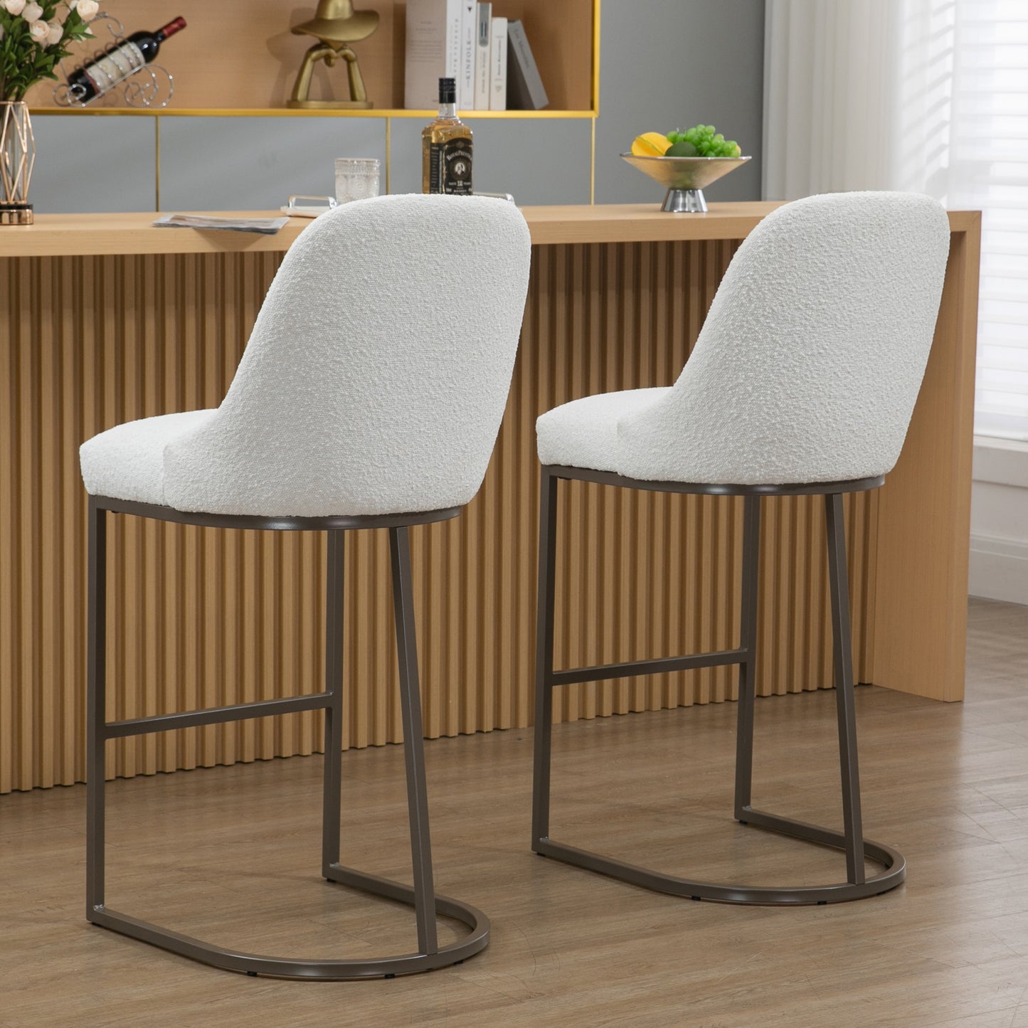 Set of 2 Ayane White Boucle Fabric Bar Stool with Iron Legs