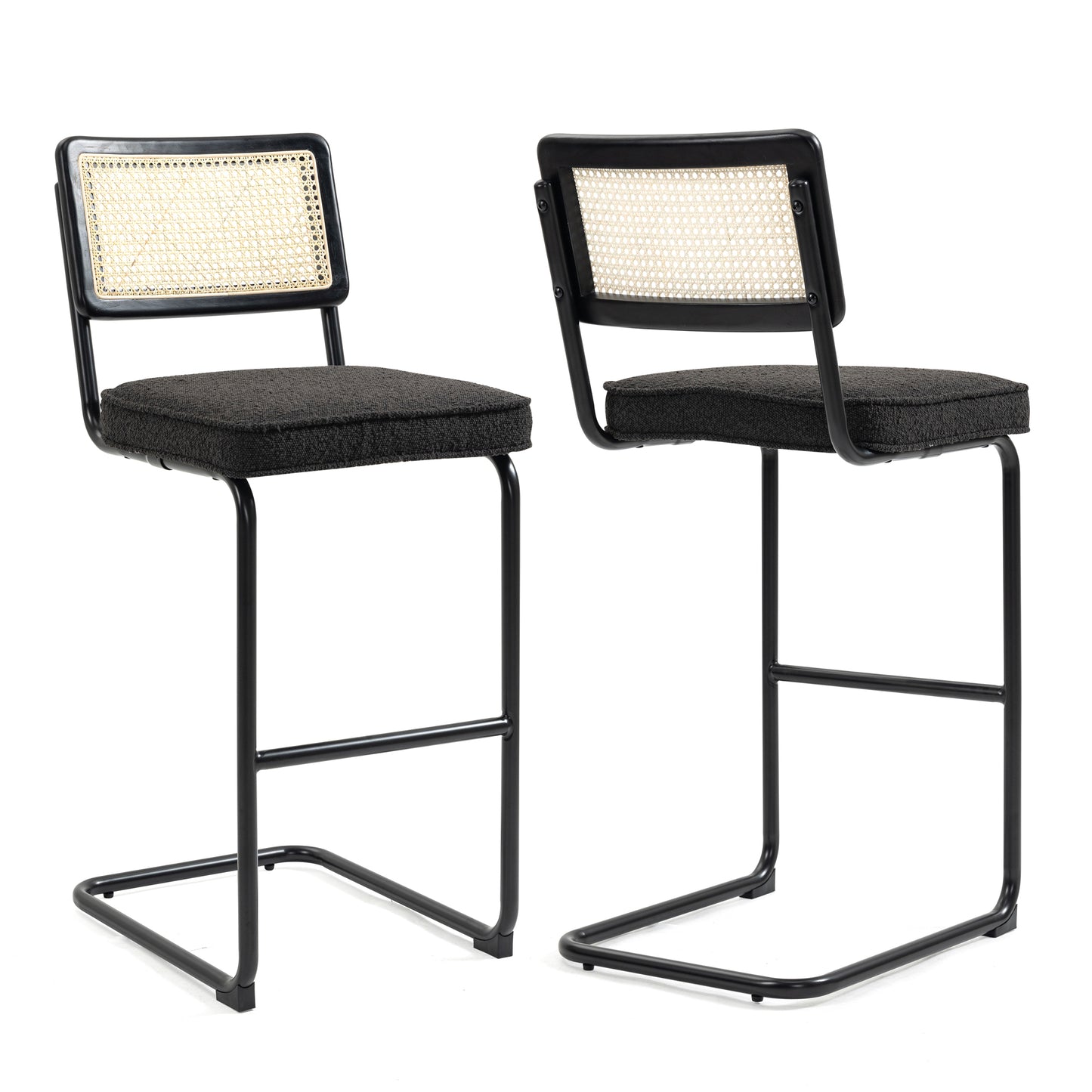 Set of 2 Ayo Black Boucle Fabric Bar Stool with Rattan Backrest and Black Steel Legs