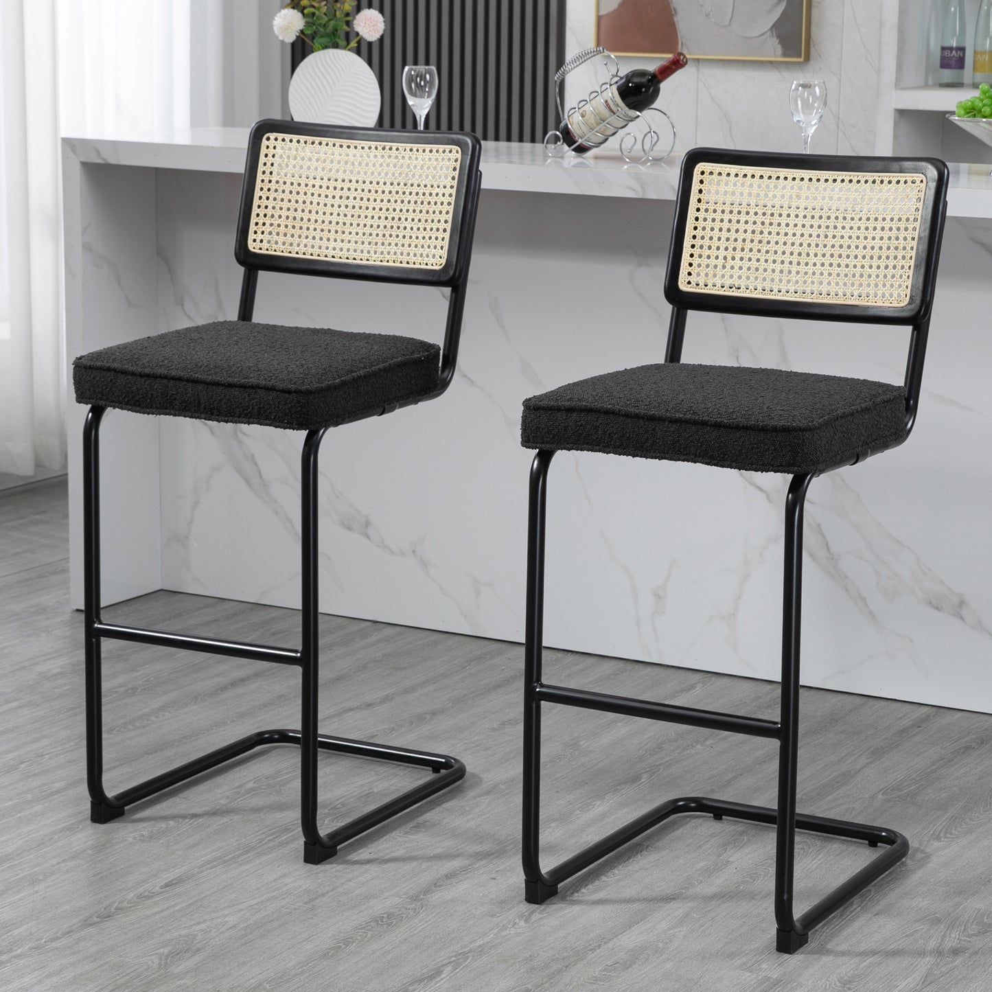 Set of 2 Ayo Black Boucle Fabric Bar Stool with Rattan Backrest and Black Steel Legs