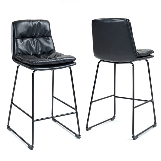 Set of 2 Bauer Black Faux Leather Bar Stool with Black Iron Legs