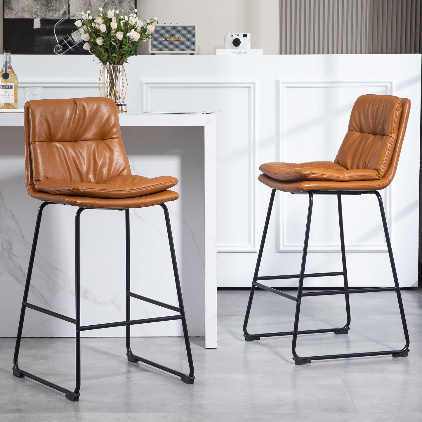 Set of 2 Bauer Brown Faux Leather Bar Stool with Black Iron Legs