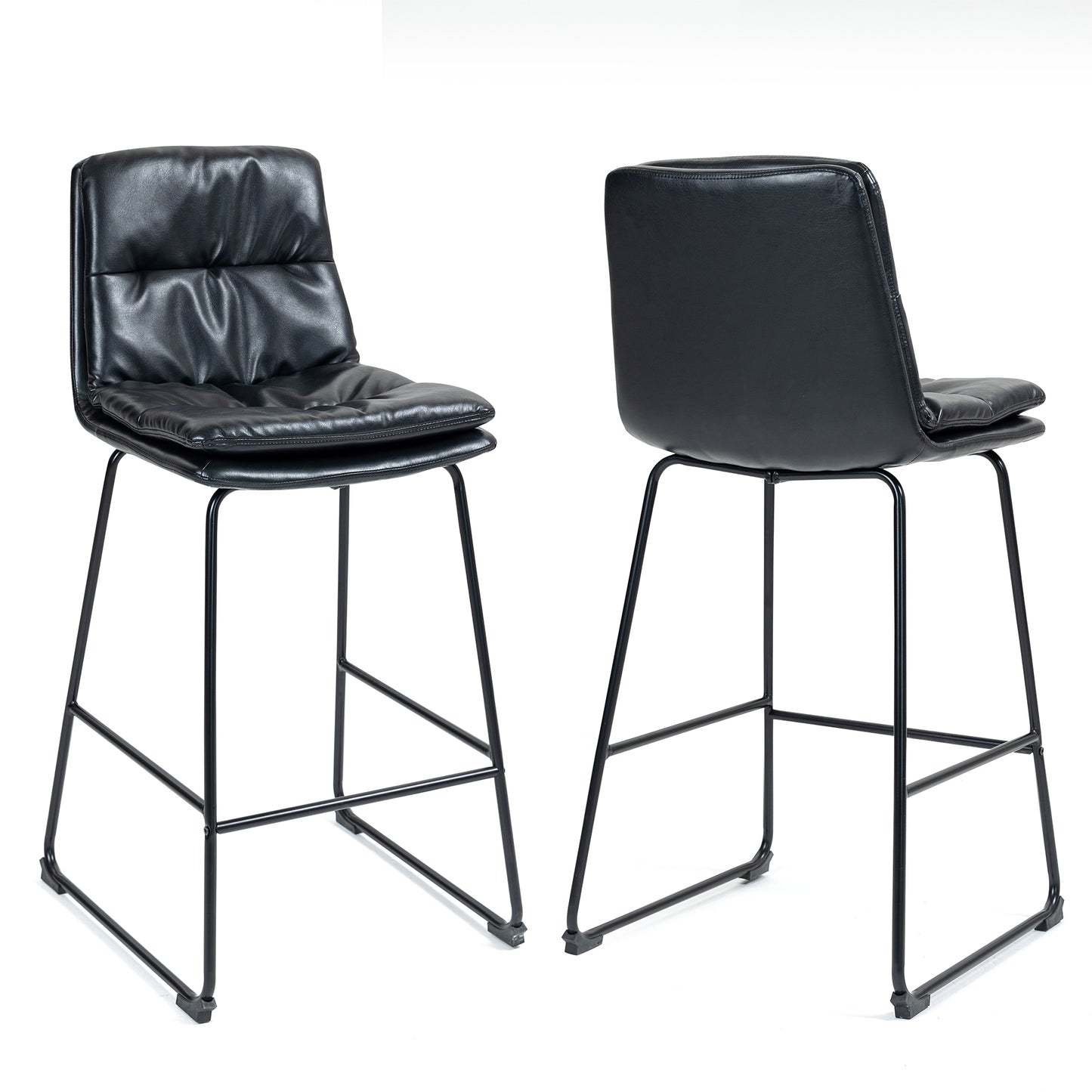 Set of 2 Bauer Black Faux Leather Counter Stool with Black Iron Legs