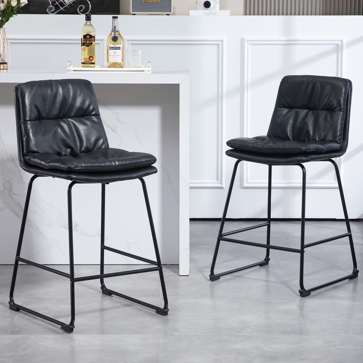 Set of 2 Bauer Black Faux Leather Counter Stool with Black Iron Legs