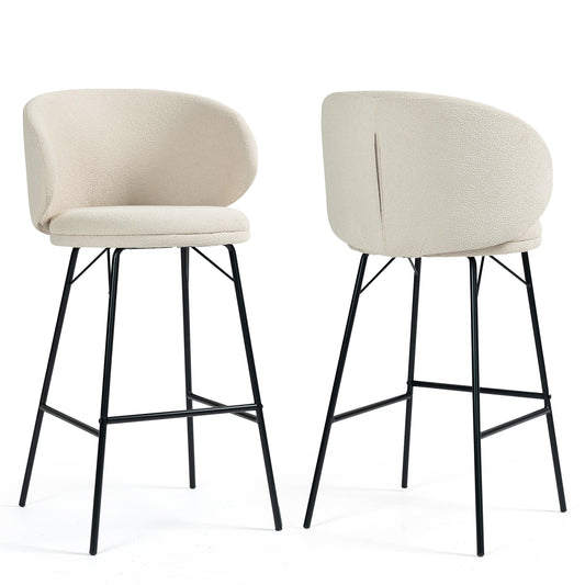 Set of 2 Baxter White Boucle Fabric Bar Stool with Black Iron Legs