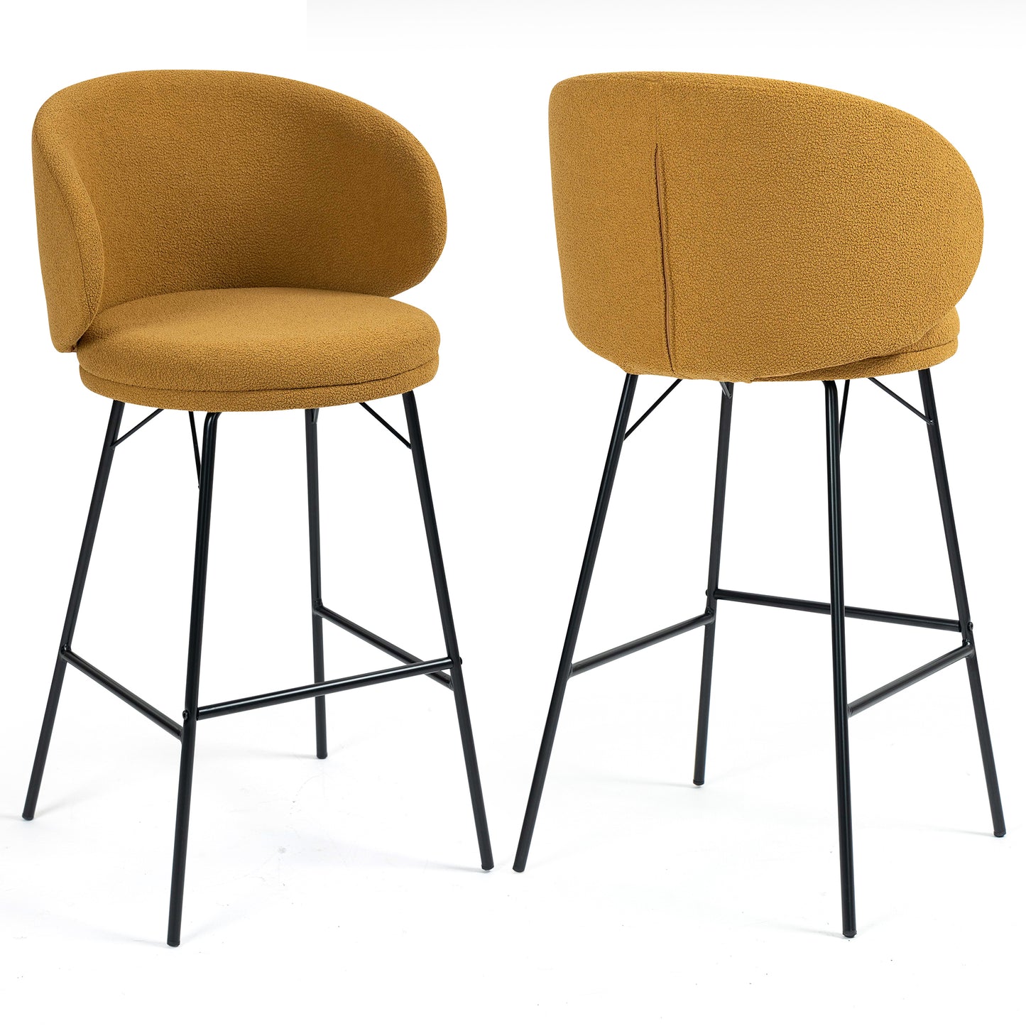 Set of 2 Baxter Brown Boucle Fabric Bar Stool with Black Iron Legs