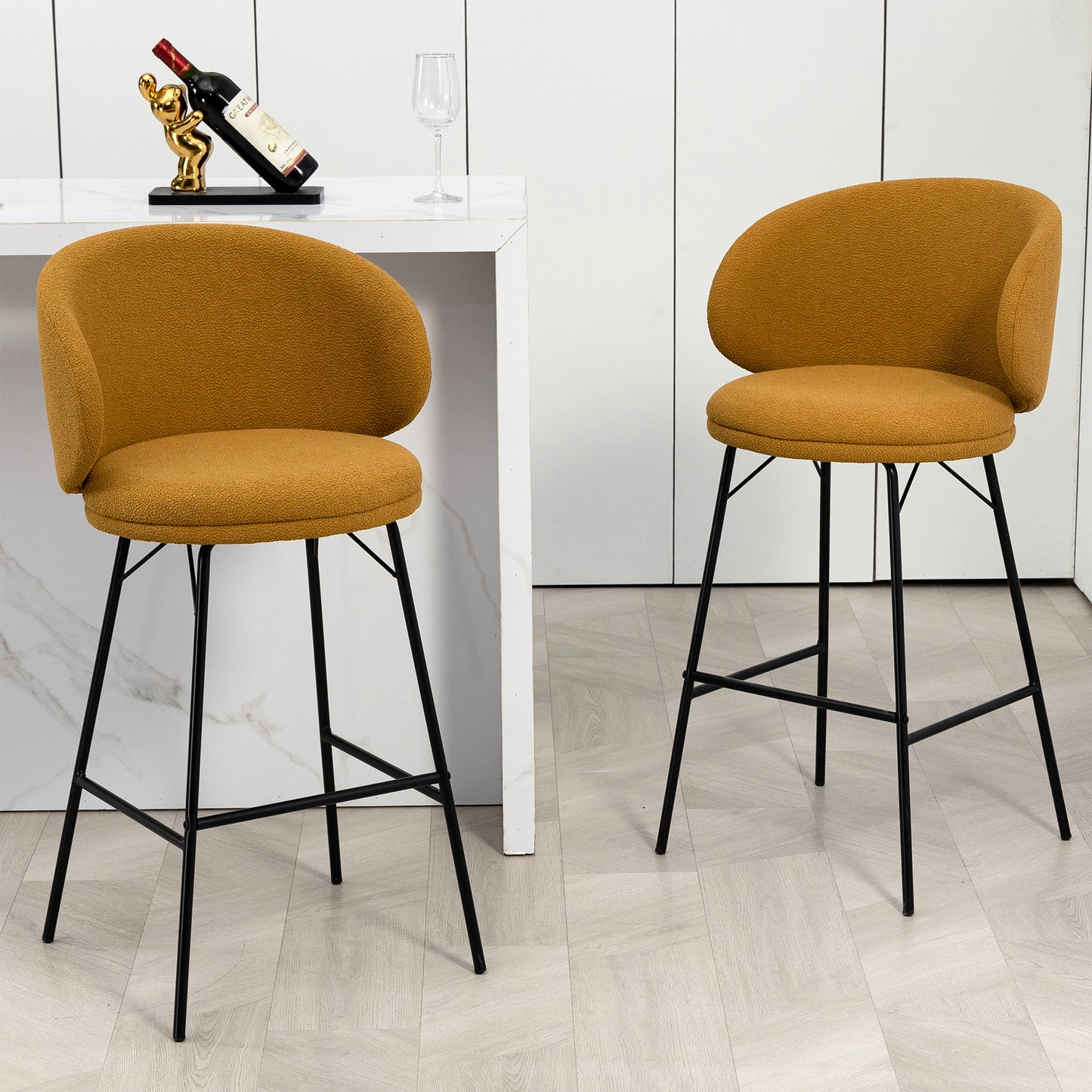 Set of 2 Baxter Brown Boucle Fabric Bar Stool with Black Iron Legs