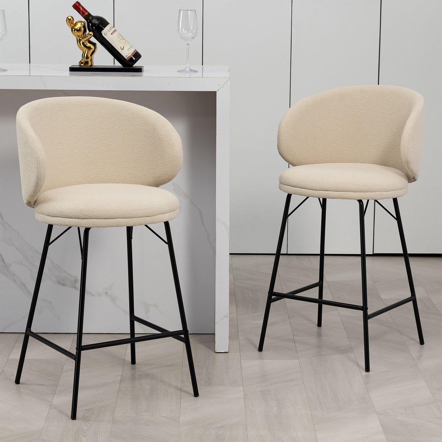 Set of 2 Baxter White Boucle Fabric Counter Stool with Black Iron Legs