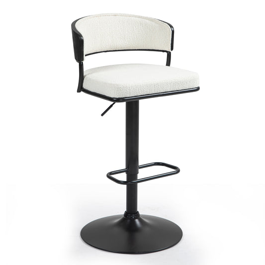 Bayle White Boucle Fabric Adjustable Bar Stool with Iron Pedestal