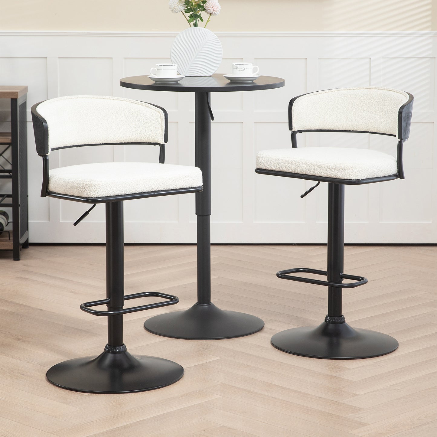 Bayle White Boucle Fabric Adjustable Bar Stool with Iron Pedestal