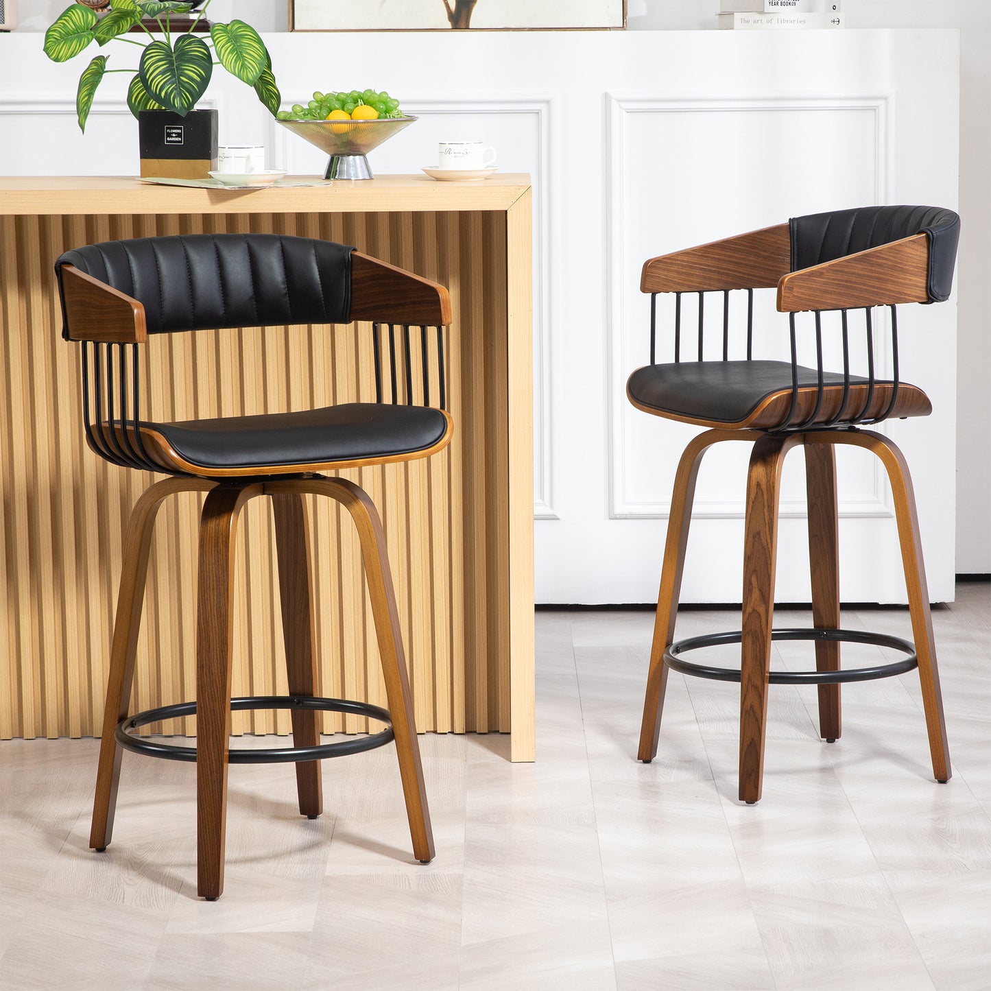 Beaumont Black Faux Leather Counter Stool with Walnut Wood Frame and Legs